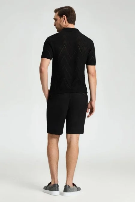 Zigzag Desen Siyah Giza Pamuk Triko Polo