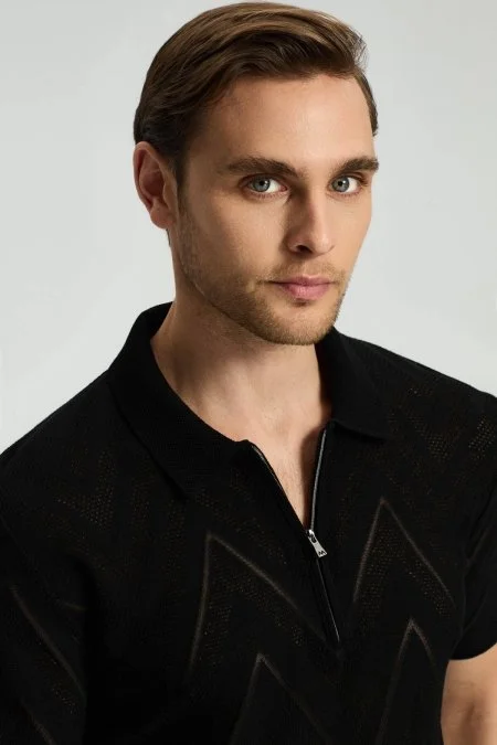 Zigzag Desen Siyah Giza Pamuk Triko Polo