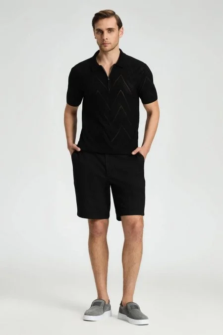 Zigzag Desen Siyah Giza Pamuk Triko Polo