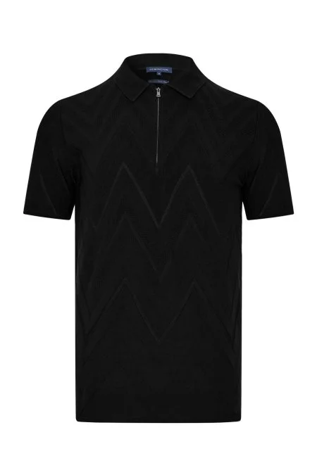 Zigzag Desen Siyah Giza Pamuk Triko Polo
