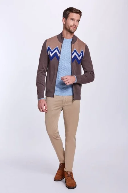 Zigzag Desen Yün Karışım Kahverengi Hırka