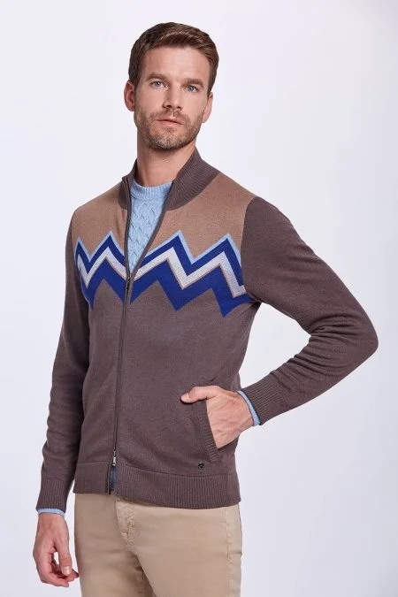 Zigzag Desen Yün Karışım Kahverengi Hırka