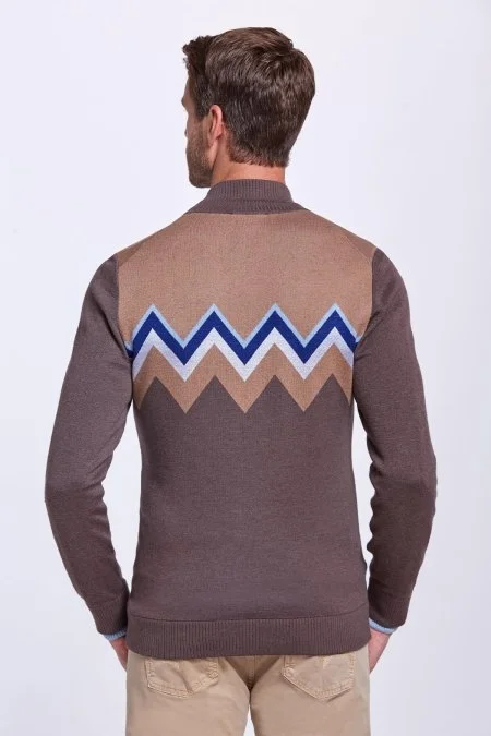Zigzag Desen Yün Karışım Kahverengi Hırka