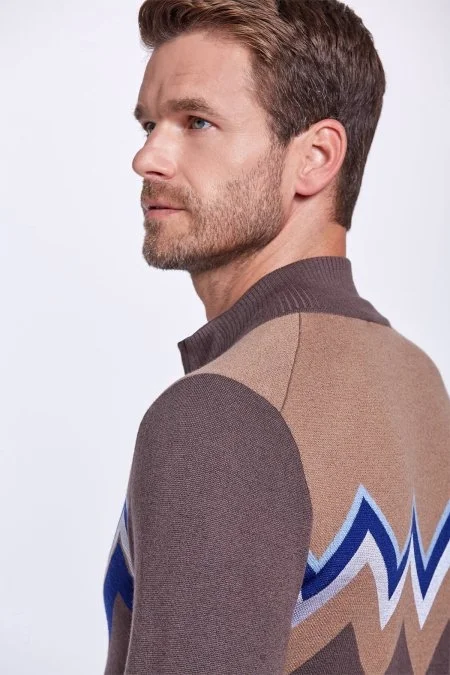 Zigzag Desen Yün Karışım Kahverengi Hırka