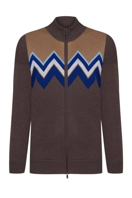 Zigzag Desen Yün Karışım Kahverengi Hırka