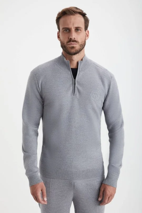 Hemington - Açık Gri Fermuarlı Merino Yün Activewear Triko