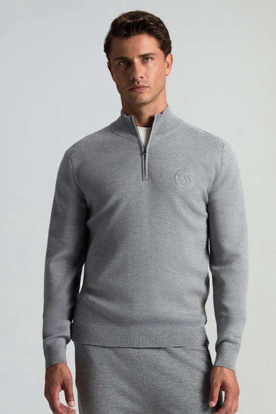 Açık Gri Fermuarlı Merino Yün Activewear Triko