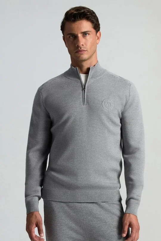 Hemington - Açık Gri Fermuarlı Merino Yün Activewear Triko