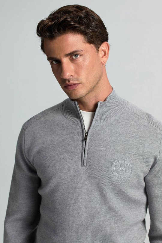 Açık Gri Fermuarlı Merino Yün Activewear Triko