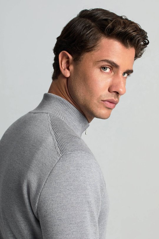 Açık Gri Fermuarlı Merino Yün Activewear Triko