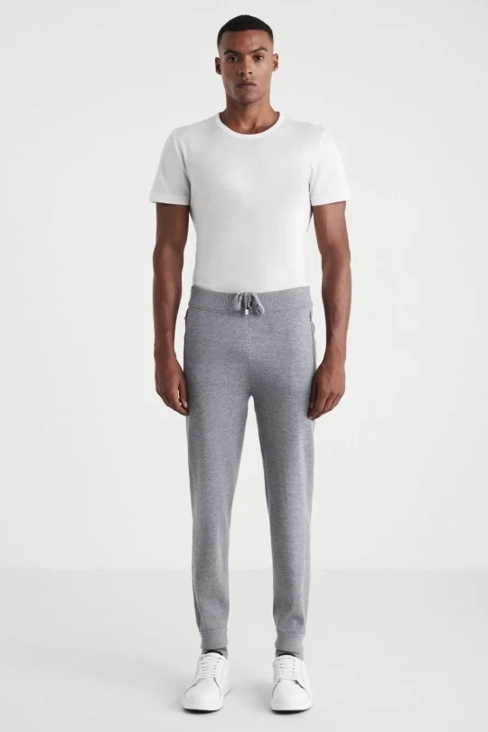 Hemington - Açık Gri Merino Yün Activewear Şerit Detaylı Triko Pantolon (1)