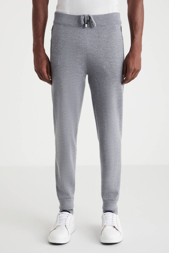 Açık Gri Merino Yün Activewear Şerit Detaylı Triko Pantolon