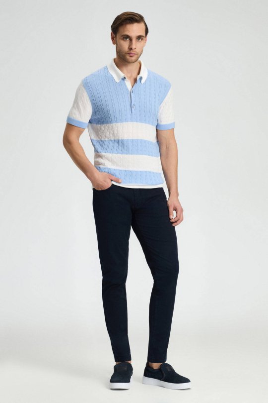 Açık Mavi Düğmeli Yaka Saç Örgü Merserize Pamuk Triko Polo