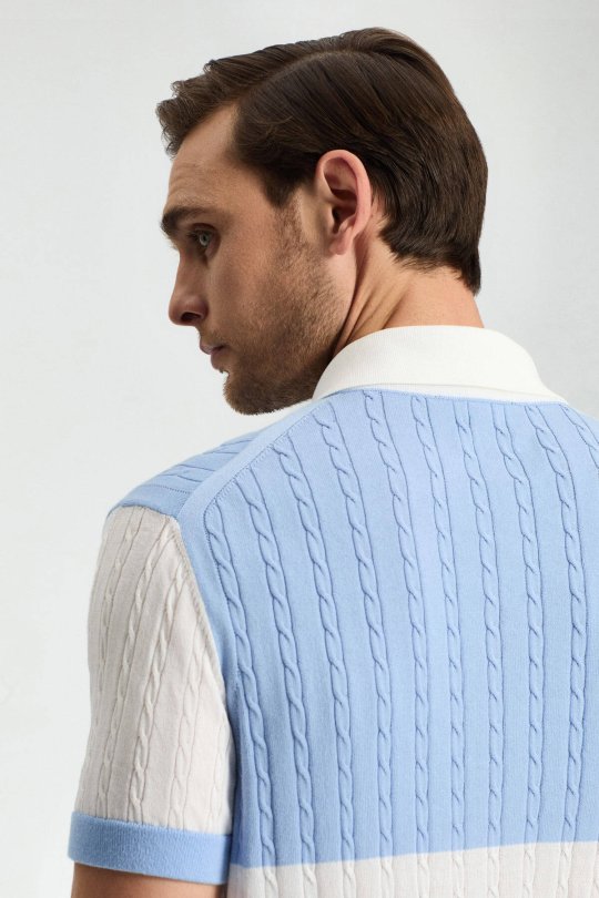 Açık Mavi Düğmeli Yaka Saç Örgü Merserize Pamuk Triko Polo