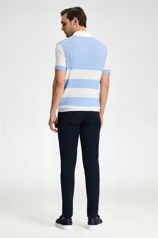 Açık Mavi Düğmeli Yaka Saç Örgü Merserize Pamuk Triko Polo