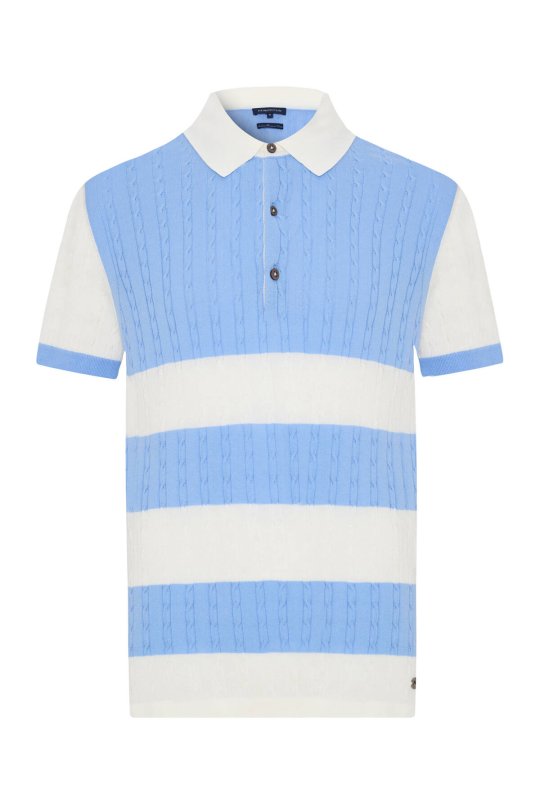 Açık Mavi Düğmeli Yaka Saç Örgü Merserize Pamuk Triko Polo