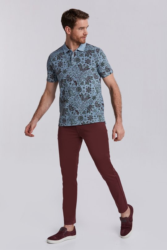 Açık Yeşil Çiçek Desenli Pike Pamuk Polo T-Shirt