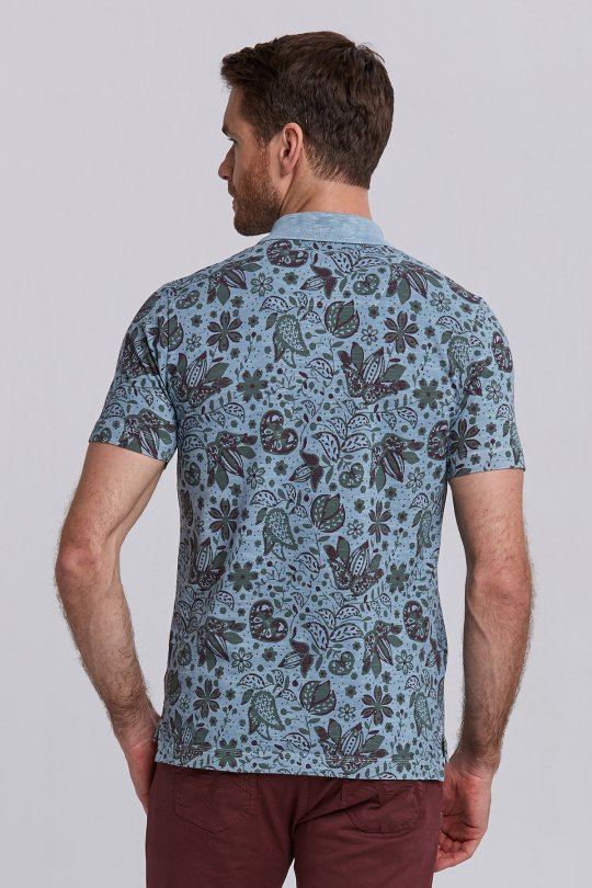 Açık Yeşil Çiçek Desenli Pike Pamuk Polo T-Shirt