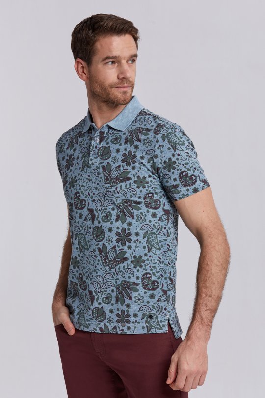 Açık Yeşil Çiçek Desenli Pike Pamuk Polo T-Shirt