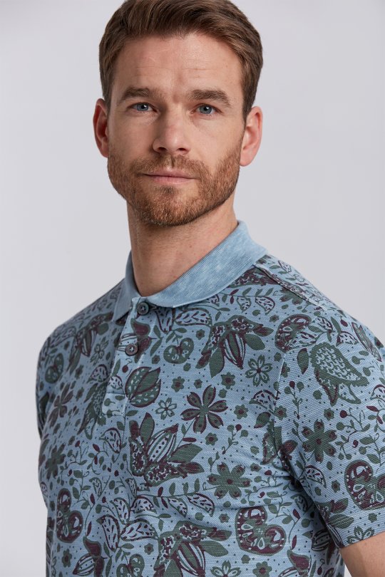 Açık Yeşil Çiçek Desenli Pike Pamuk Polo T-Shirt