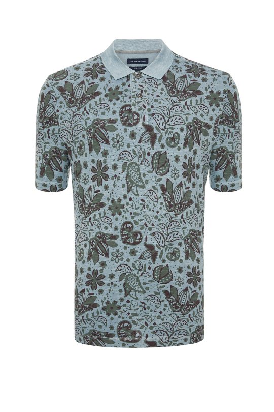 Açık Yeşil Çiçek Desenli Pike Pamuk Polo T-Shirt