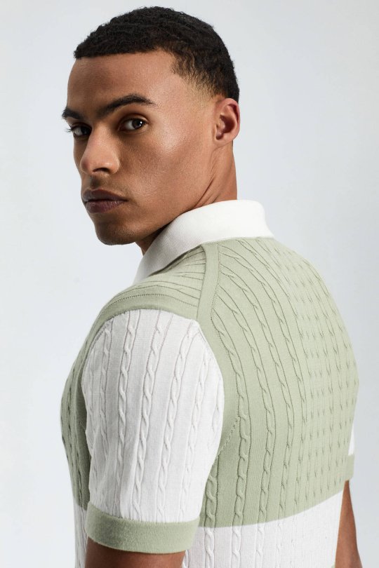 Açık Yeşil Düğmeli Yaka Saç Örgü Merserize Pamuk Triko Polo