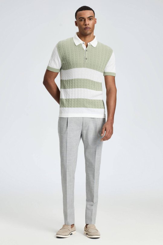 Açık Yeşil Düğmeli Yaka Saç Örgü Merserize Pamuk Triko Polo