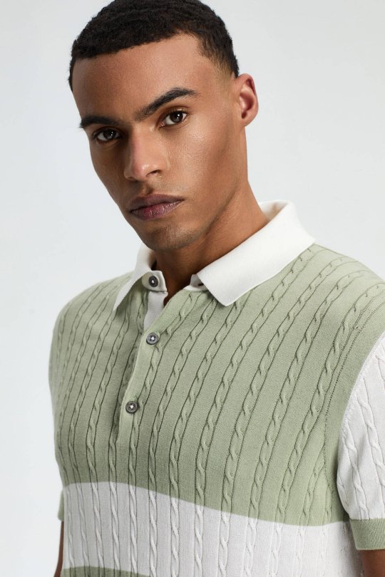 Açık Yeşil Düğmeli Yaka Saç Örgü Merserize Pamuk Triko Polo