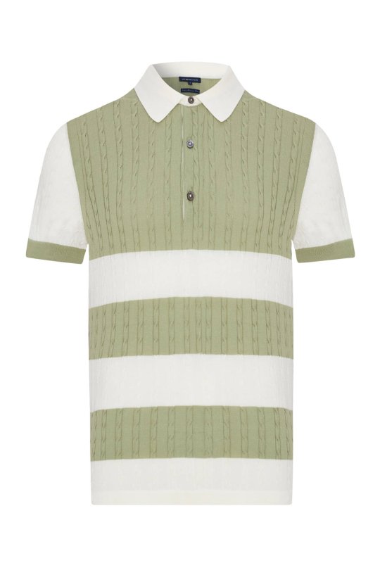 Açık Yeşil Düğmeli Yaka Saç Örgü Merserize Pamuk Triko Polo