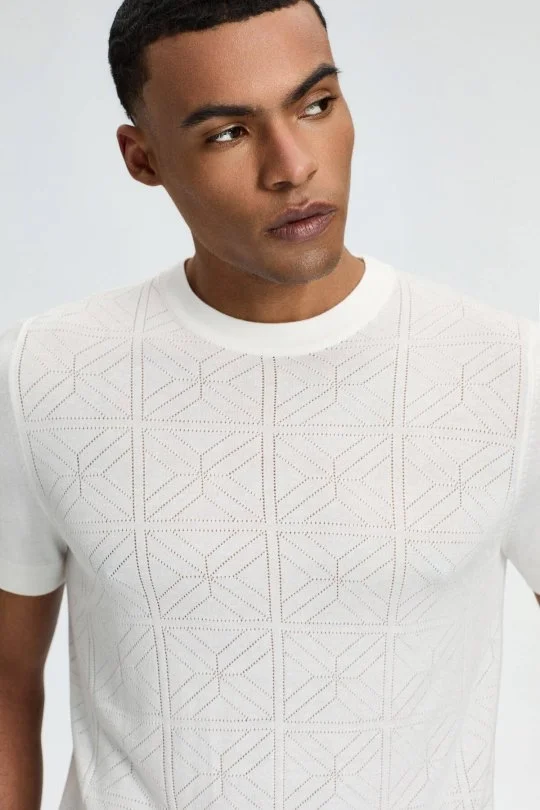 Hemington - Ajur Örgü Detaylı Bisiklet Yaka Beyaz Triko T-Shirt (2)