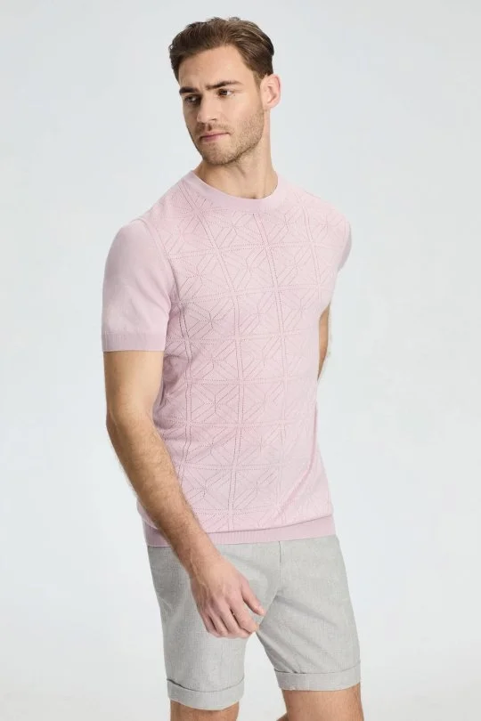Hemington - Ajur Örgü Detaylı Bisiklet Yaka Gül Kurusu Triko T-Shirt (1)