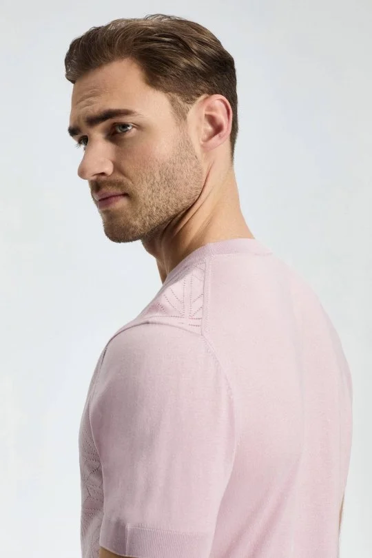 Hemington - Ajur Örgü Detaylı Bisiklet Yaka Gül Kurusu Triko T-Shirt (3)
