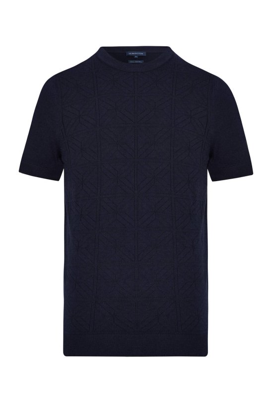 Ajur Örgü Detaylı Bisiklet Yaka Lacivert T-Shirt