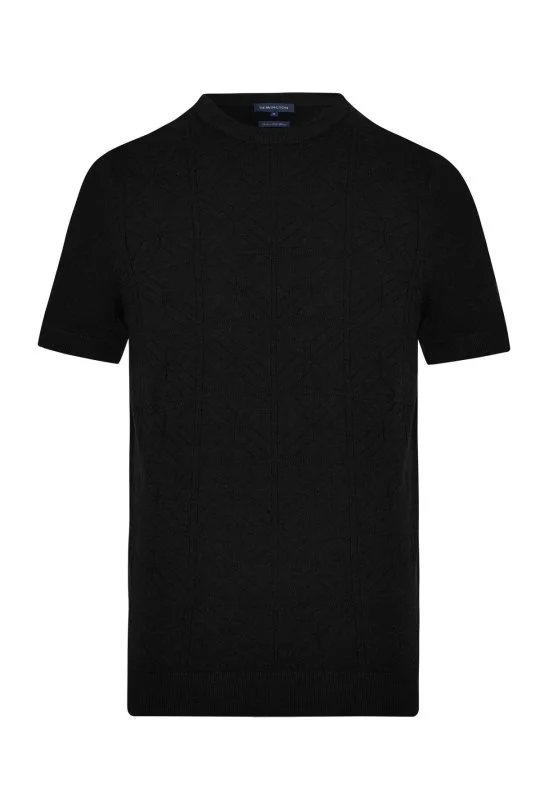 Hemington - Ajur Örgü Detaylı Bisiklet Yaka Siyah Triko T-Shirt (6)