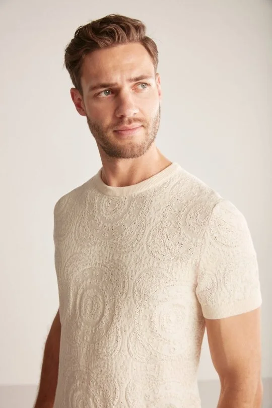 Hemington - Ajur Örgü Detaylı Krem Rengi Triko T-Shirt