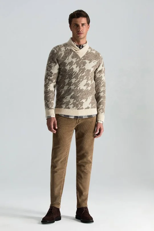 Hemington - Alpaka Yün Kaşmir Karışım Şal Yaka Desenli Ekru Triko (2)