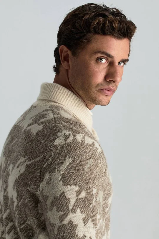 Hemington - Alpaka Yün Kaşmir Karışım Şal Yaka Desenli Ekru Triko (5)