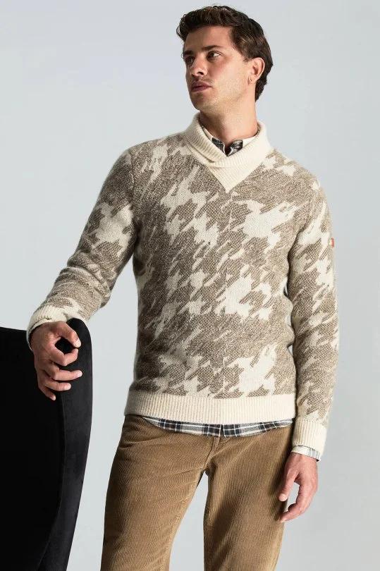 Hemington - Alpaka Yün Kaşmir Karışım Şal Yaka Desenli Ekru Triko (1)