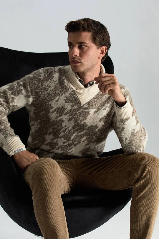 Hemington - Alpaka Yün Kaşmir Karışım Şal Yaka Desenli Ekru Triko