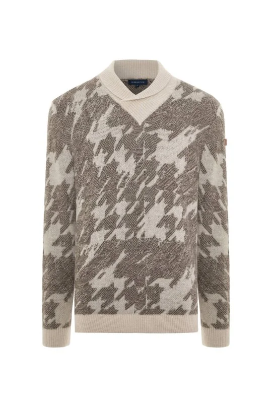 Hemington - Alpaka Yün Kaşmir Karışım Şal Yaka Desenli Ekru Triko (6)