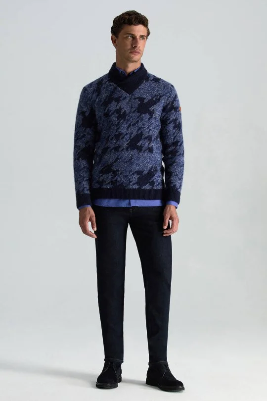 Hemington - Alpaka Yün Kaşmir Karışım Şal Yaka Desenli Mavi Triko (2)