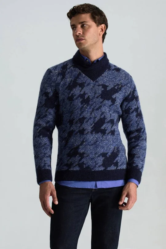 Hemington - Alpaka Yün Kaşmir Karışım Şal Yaka Desenli Mavi Triko (1)