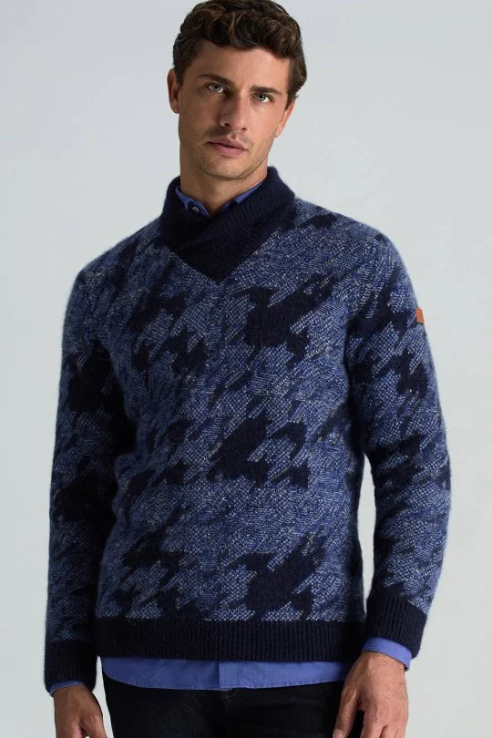 Hemington - Alpaka Yün Kaşmir Karışım Şal Yaka Desenli Mavi Triko