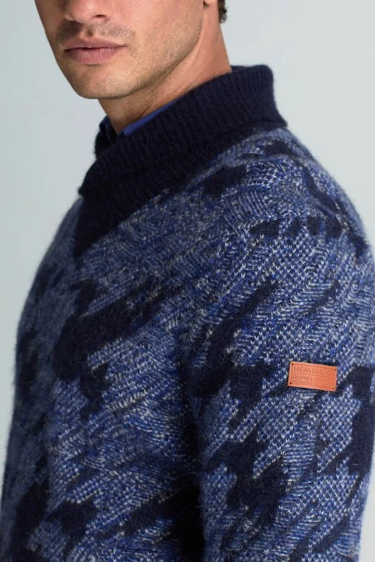 Hemington - Alpaka Yün Kaşmir Karışım Şal Yaka Desenli Mavi Triko (3)