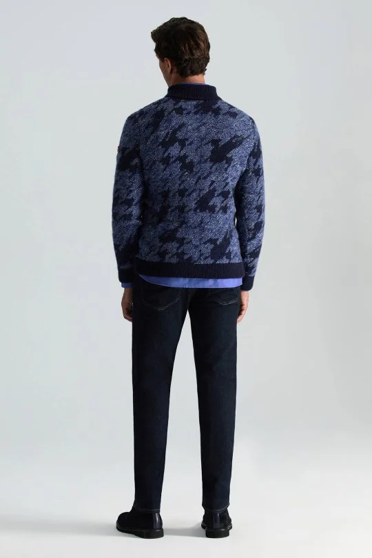 Hemington - Alpaka Yün Kaşmir Karışım Şal Yaka Desenli Mavi Triko (4)