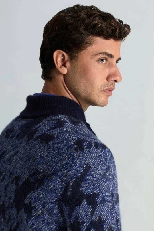 Hemington - Alpaka Yün Kaşmir Karışım Şal Yaka Desenli Mavi Triko (5)