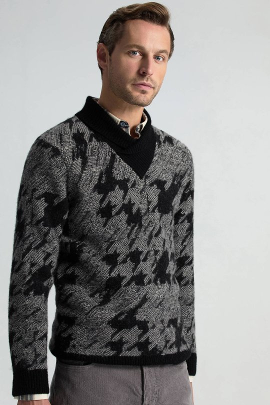 Alpaka Yün Kaşmir Karışım Şal Yaka Desenli Siyah Triko