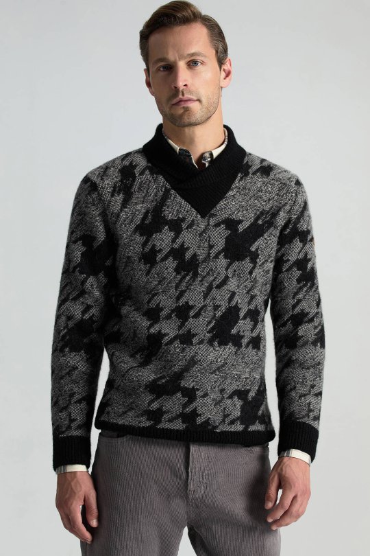 Alpaka Yün Kaşmir Karışım Şal Yaka Desenli Siyah Triko