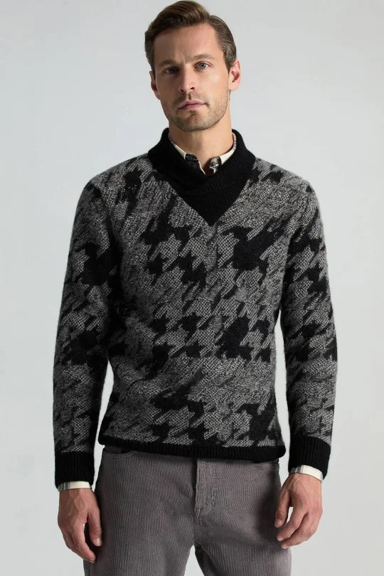 Hemington - Alpaka Yün Kaşmir Karışım Şal Yaka Desenli Siyah Triko (1)