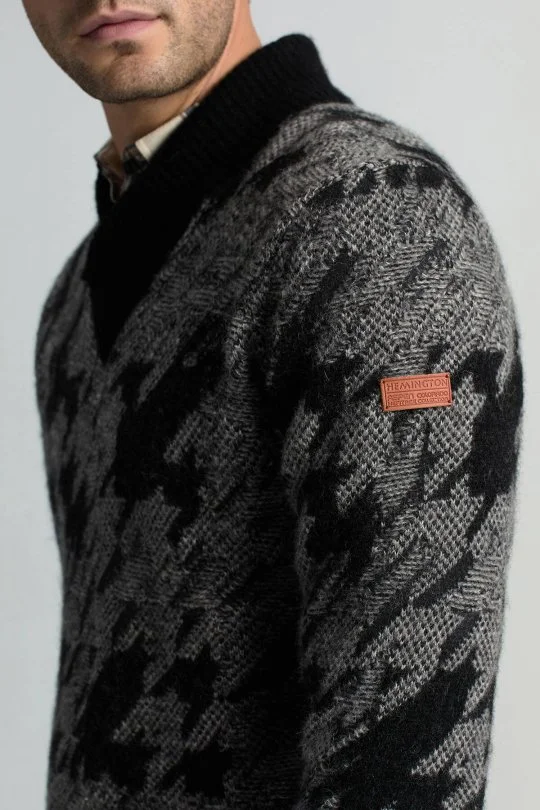 Hemington - Alpaka Yün Kaşmir Karışım Şal Yaka Desenli Siyah Triko (4)